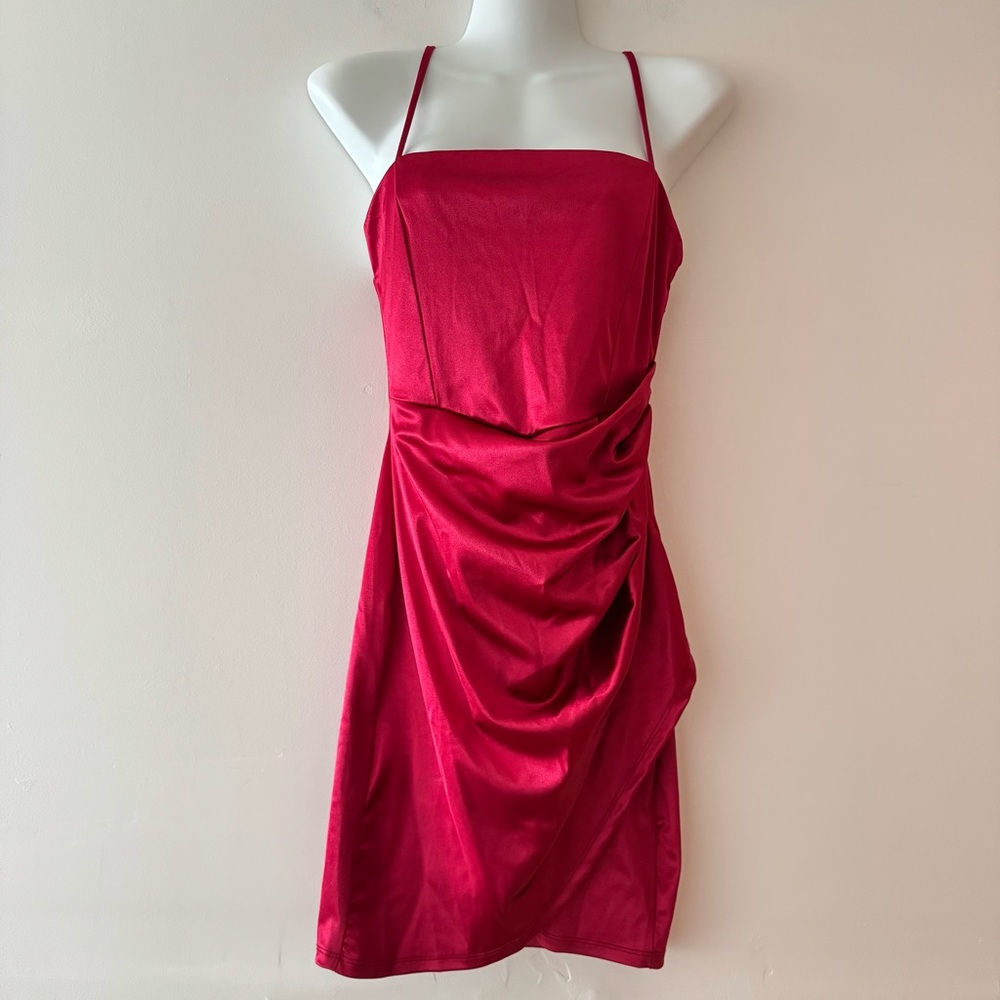 Windsor Red Ruched Wrap Mini Dress – Spaghetti Straps, Size Medium